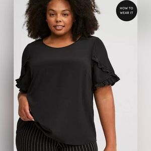 NWT Women's Size 1 Torrid Black Georgette Ruffle Trim Short Sleeve Blouse